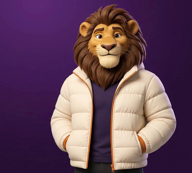 Goava, the Goovo Studios lion, in a cream puffer jacket